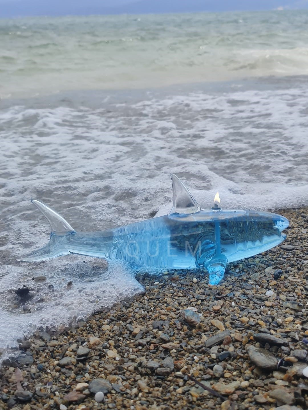 Quem Handmade Shark Glass Candle with Glass Wick. Modern Home Decor.