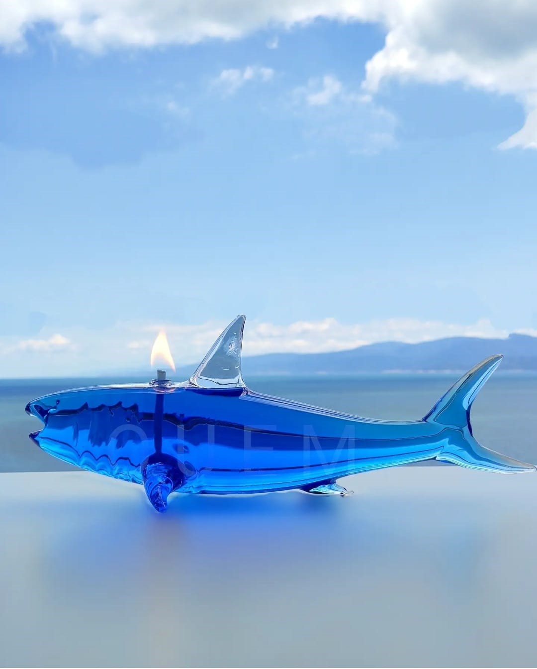 Quem Handmade Shark Glass Candle with Glass Wick. Modern Home Decor.
