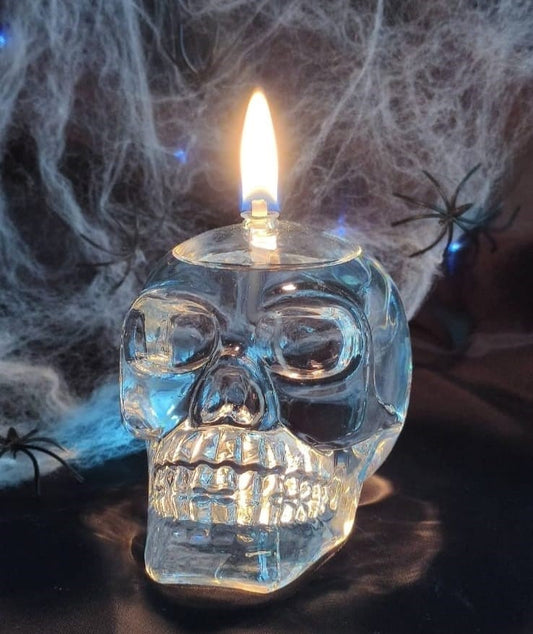 Quem Handmade Clear Glass Skull Candle with Glass Wick, Home and Office Decor Lamp.