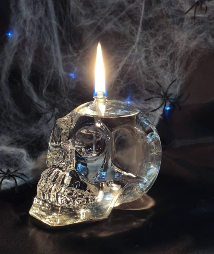 Quem Handmade Clear Glass Skull Candle with Glass Wick, Home and Office Decor Lamp.