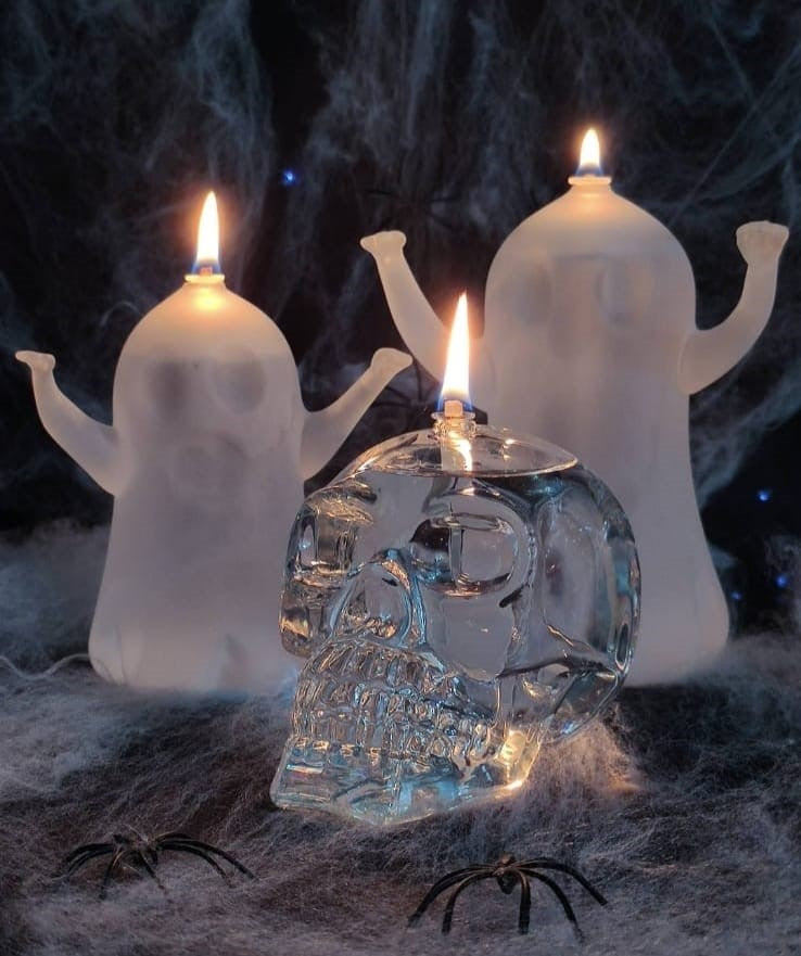 Quem Handmade Clear Glass Skull Candle with Glass Wick, Home and Office Decor Lamp.
