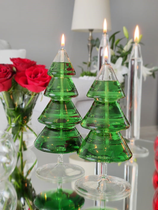 Quem Handmade Clear Glass Christmas Tree Oil Candles with Glass Wicks, Contemporary Home and Office Decor Lamp. Set of 2