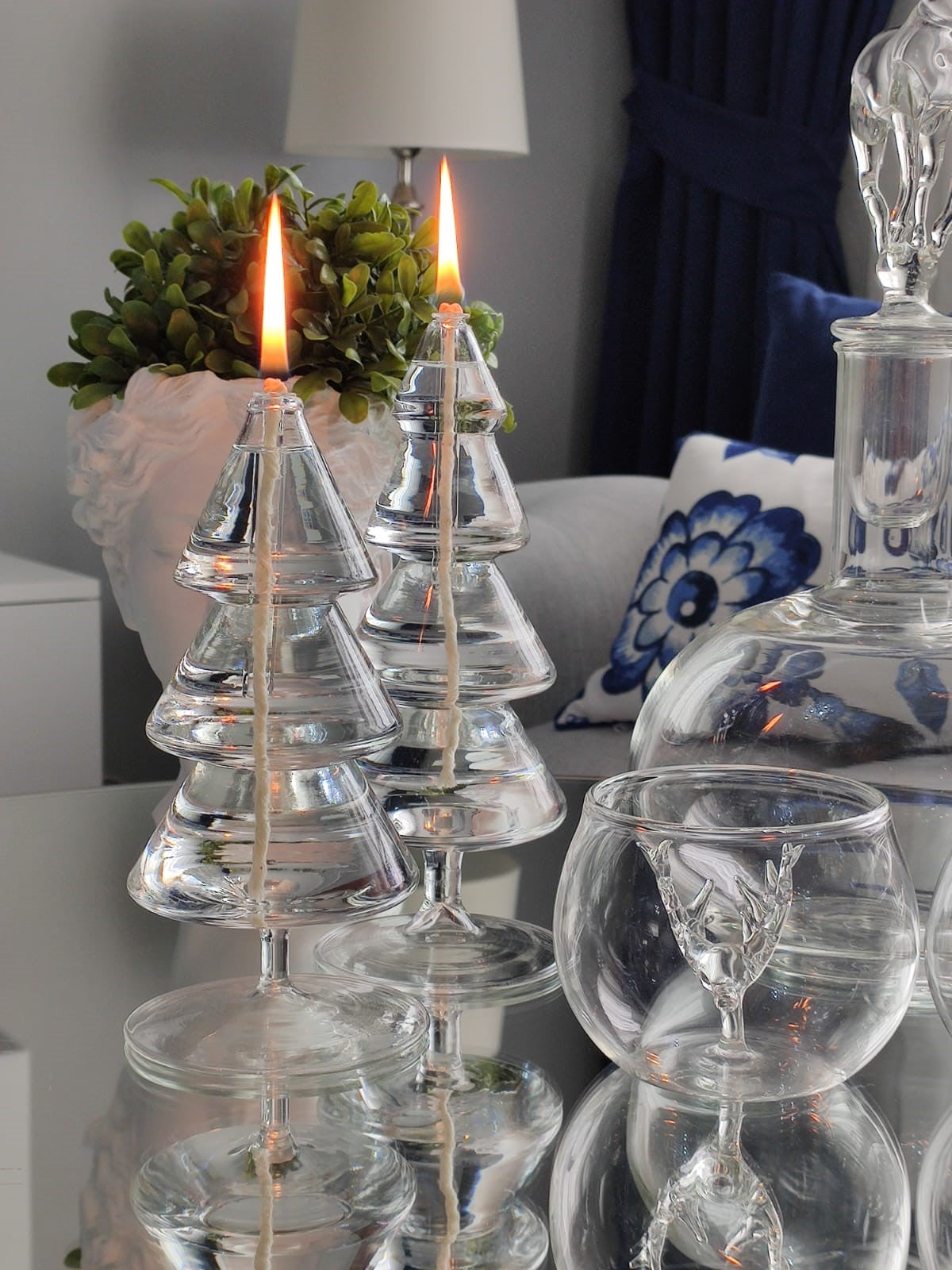 Quem Handmade Clear Glass Christmas Tree Oil Candles with Glass Wicks, Contemporary Home and Office Decor Lamp. Set of 2