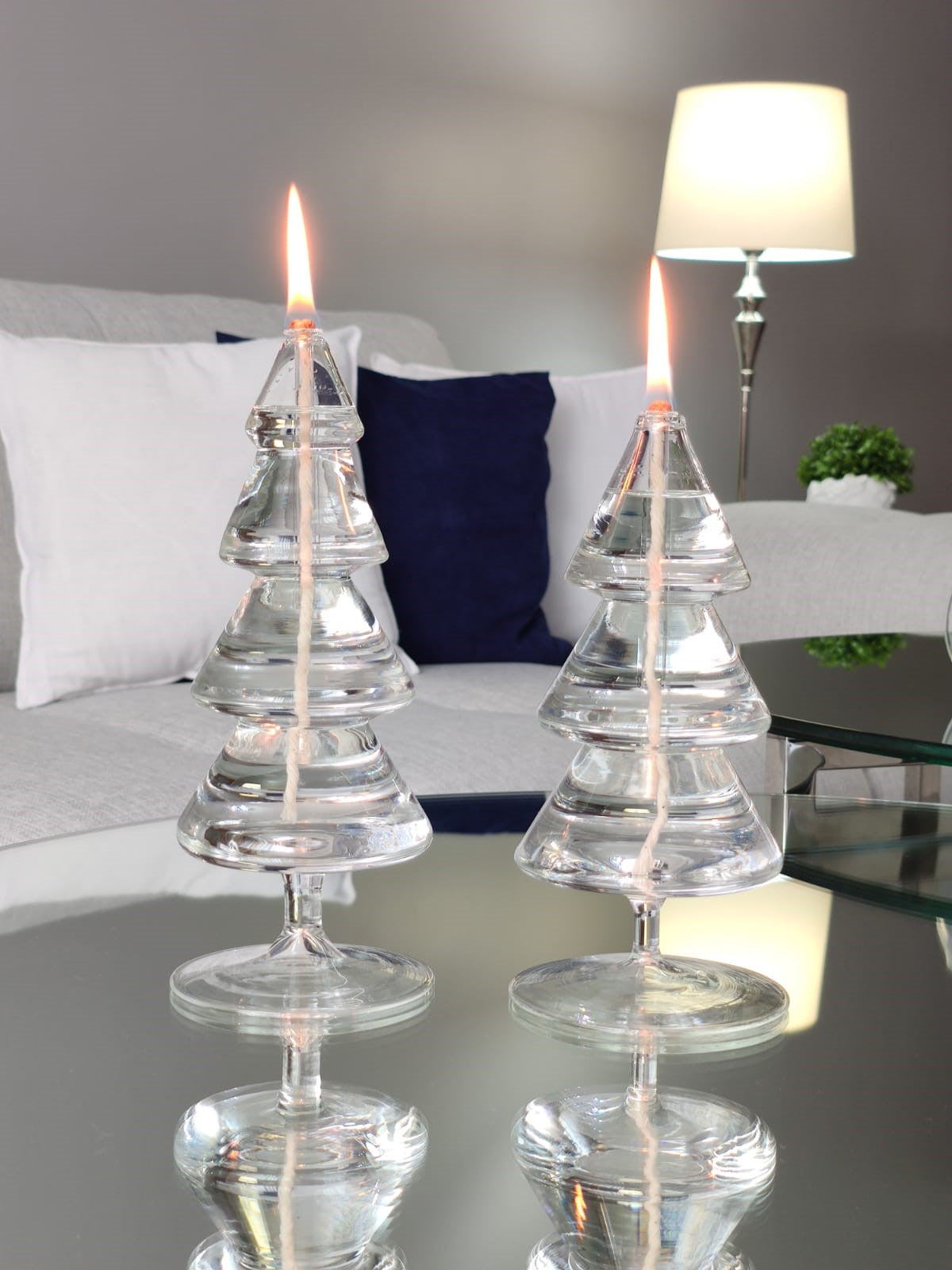 Quem Handmade Clear Glass Christmas Tree Oil Candles with Glass Wicks, Contemporary Home and Office Decor Lamp. Set of 2