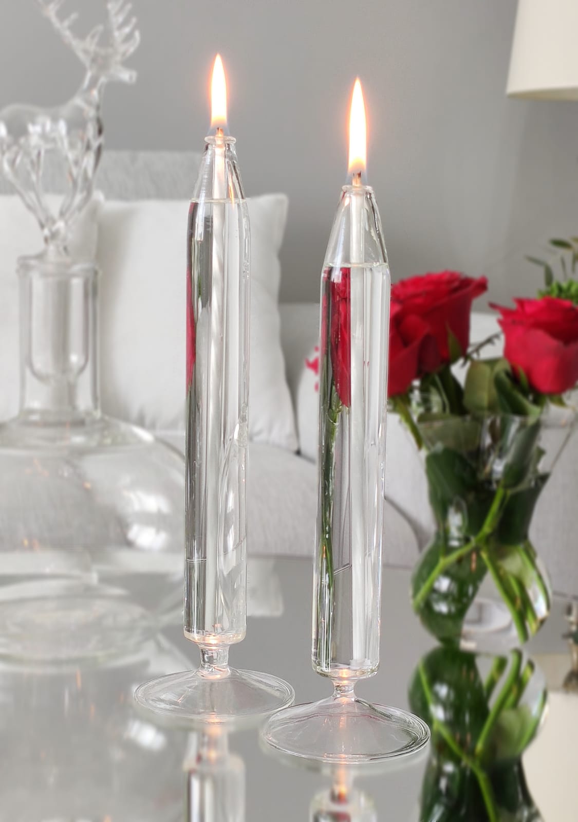 Quem Handmade Glass Candle with Glass Wick, Modern Home Decor Candle Scented or Unscented.  Set of 2