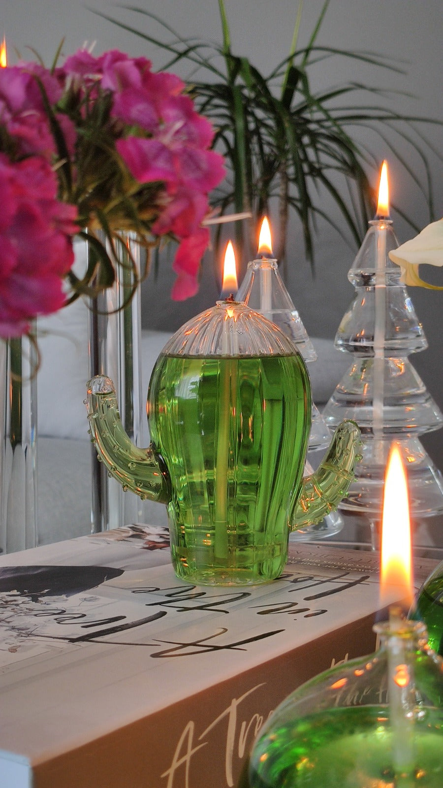 Quem Handmade Clear Cactus Glass Oil Candle, Home and Office Decor, Decorative Table Design.