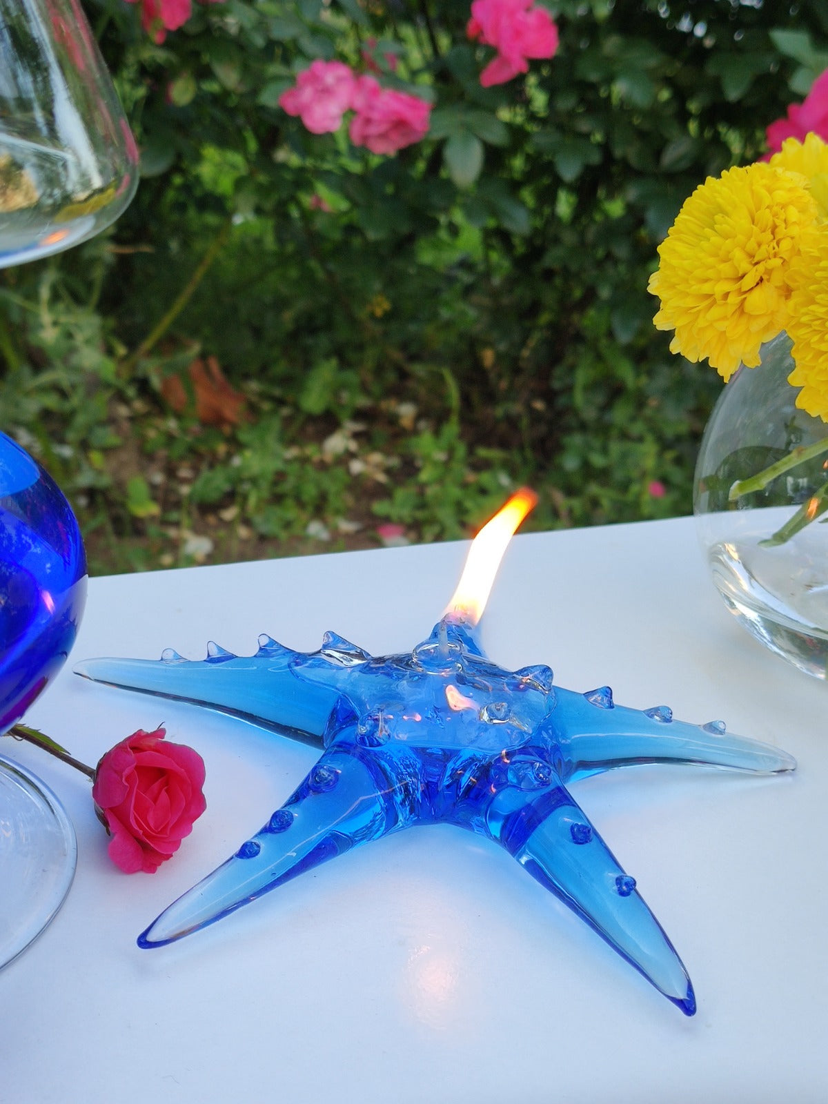 Quem Handmade Clear Starfish Glass Oil Candle with Wick, Modern Home and Office Decor, Contemporary Glass Design