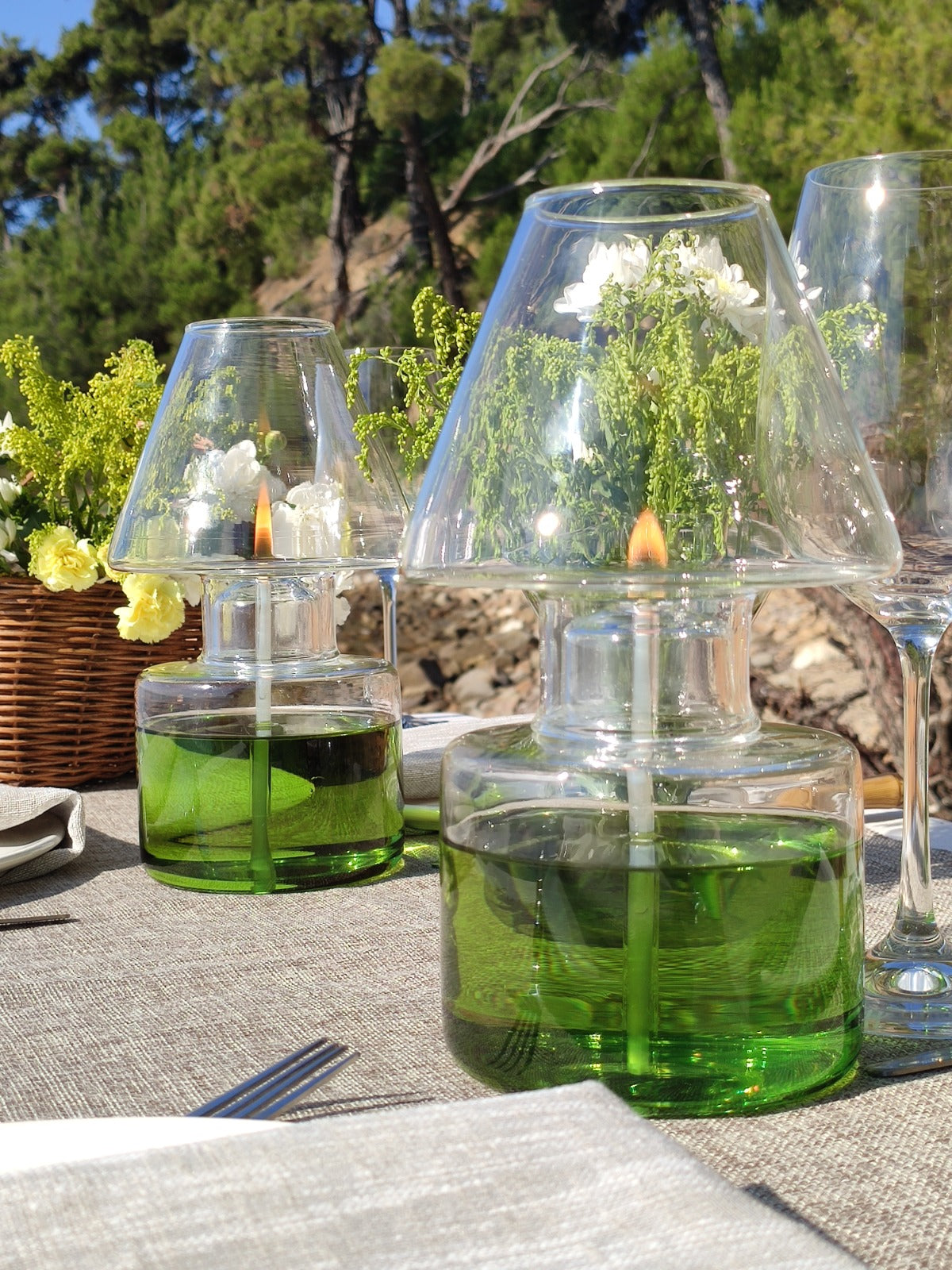 Quem Moss Handmade Glass Oil Lampshade with Glass Wick for Indoor and Outdoor, Modern Glass Decor for Home and Office.